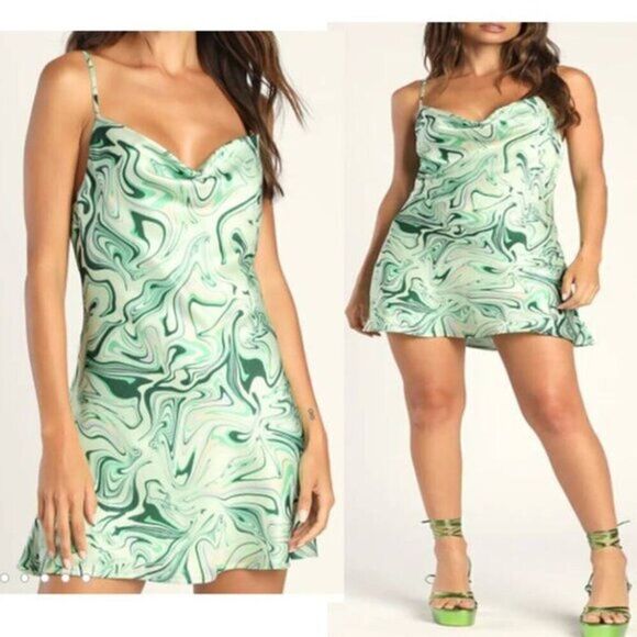 Lulus Women's Marbled Cowl Neck Mini Dress Cocktail Evening Green Large $59 - Picture 6 of 6